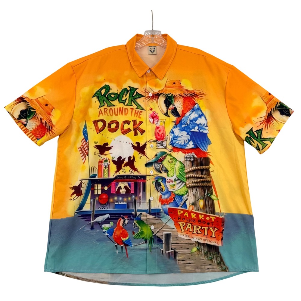 Hardaddy Mens Rock Around The Dock Parrot Party Graphic Shirt Orange Large Y2K
